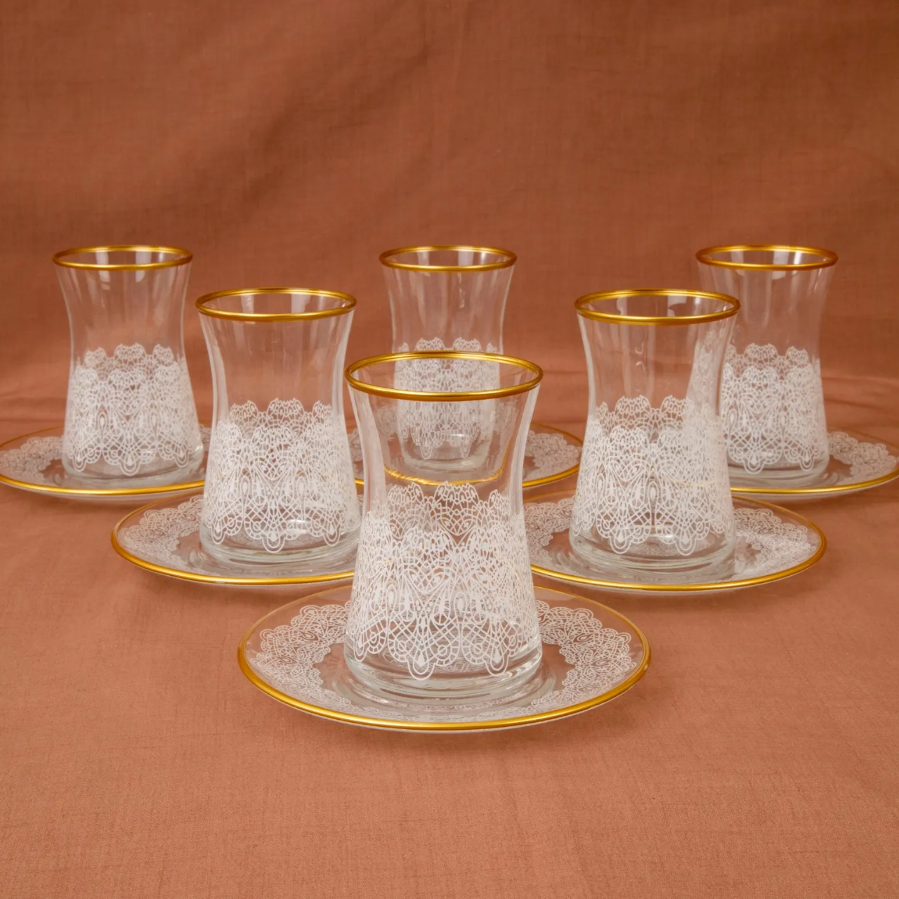 ABKA Lace Design White & Gold Color Turkish Tea Glasses & Saucers Set- Set of 6