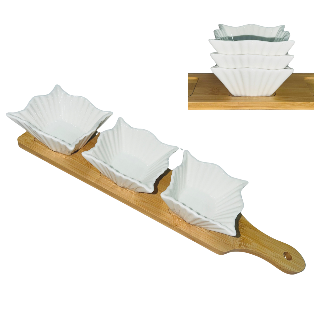 Set Of 3 White Porcelain Dishes with Bamboo Serving Board - Square Dishes