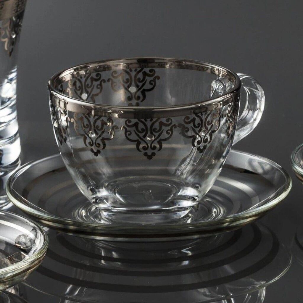 ABKA Silver Turkish Arabic Coffee Mugs-Tea Cups with Saucers For 6 Person