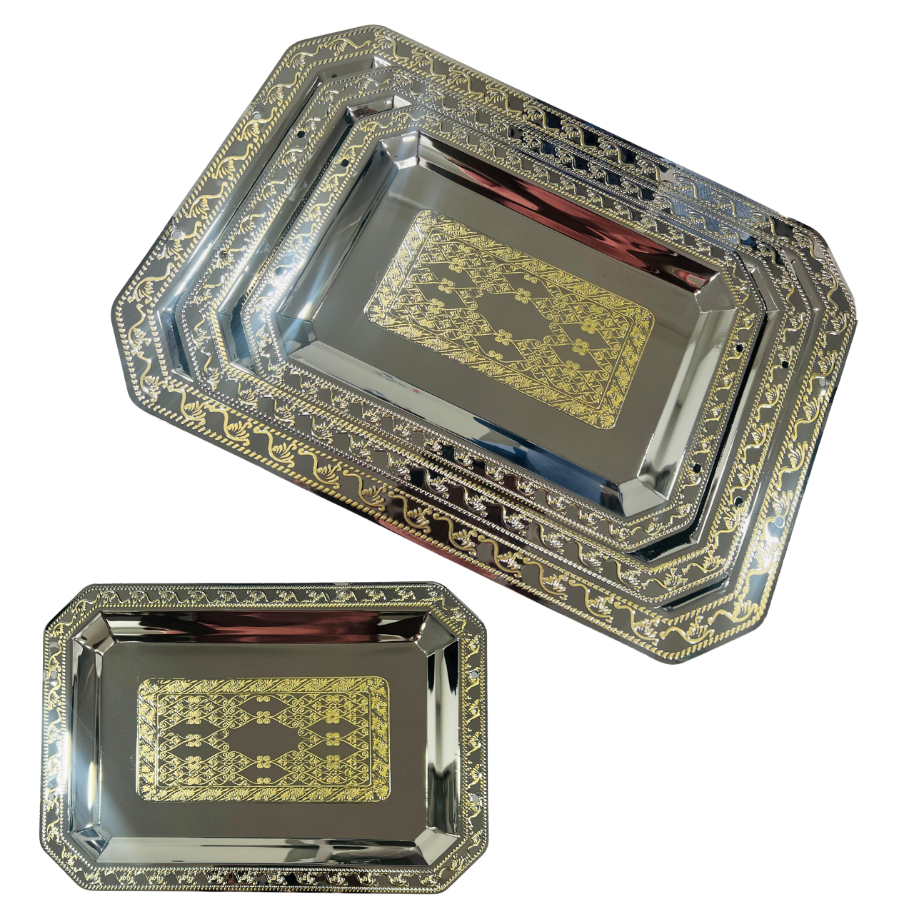 3Pc Silver Turkish traditional Tray Set Antique Pattern Hotel Fruit Snack Tray