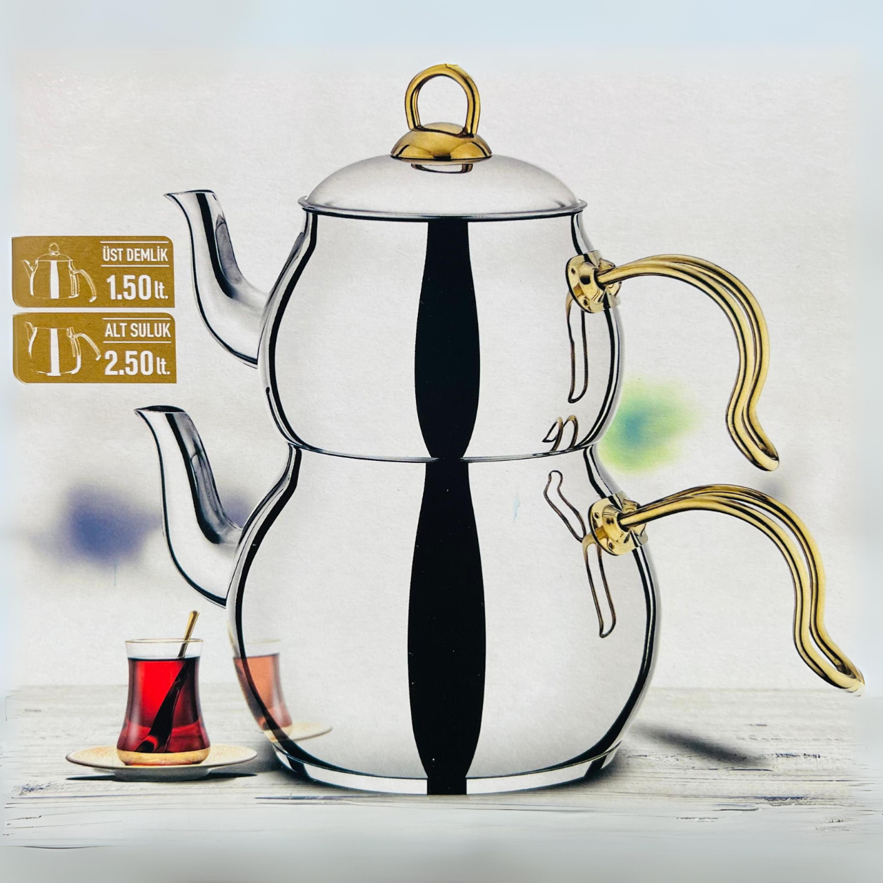 Bonera Stainless Steel Teapot Gold Handle Jumbo Boy -Double Pots 2.50lt & 1.50lt