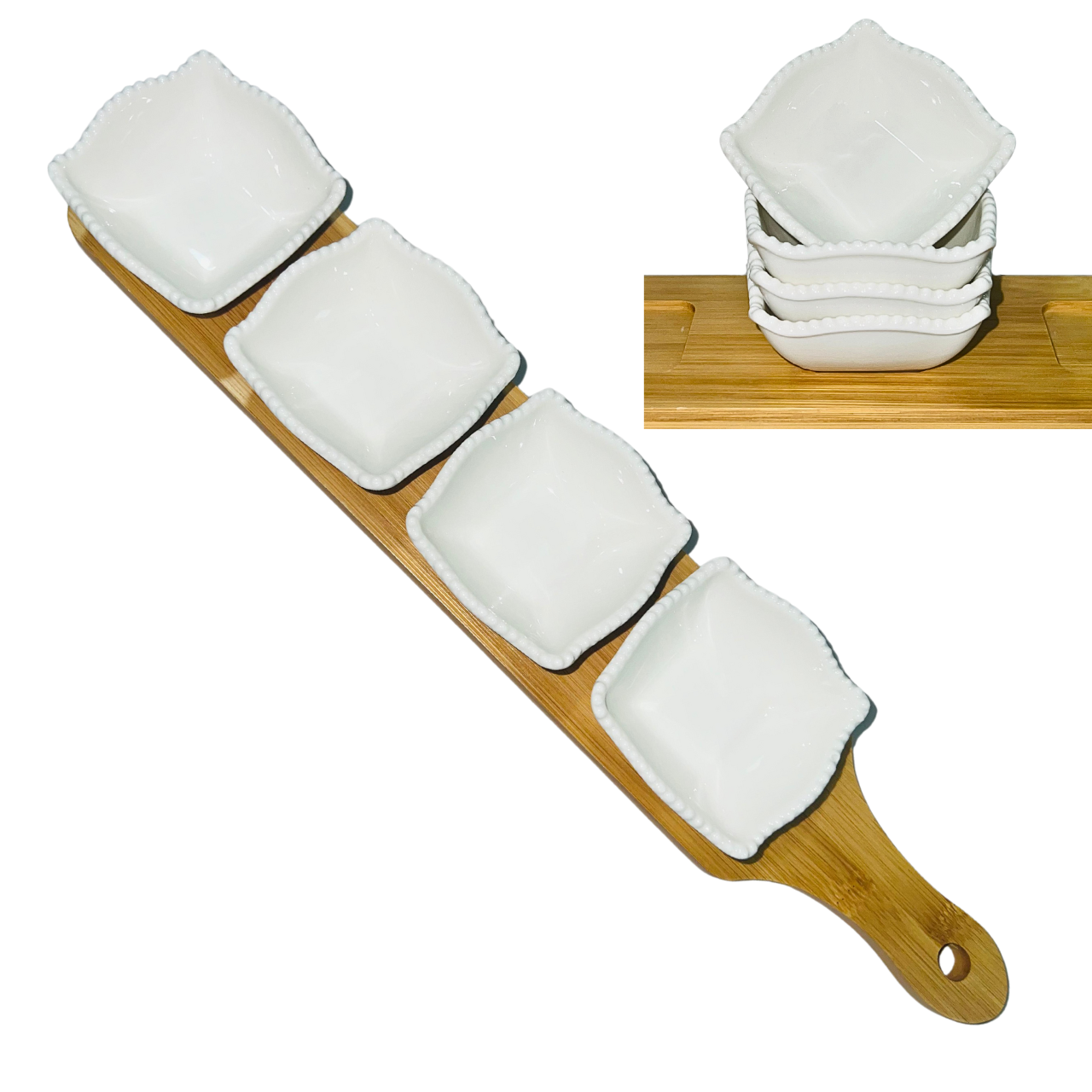 Set Of 4 White Porcelain Sauce Dishes with Bamboo Serving Board Home/Restaurant