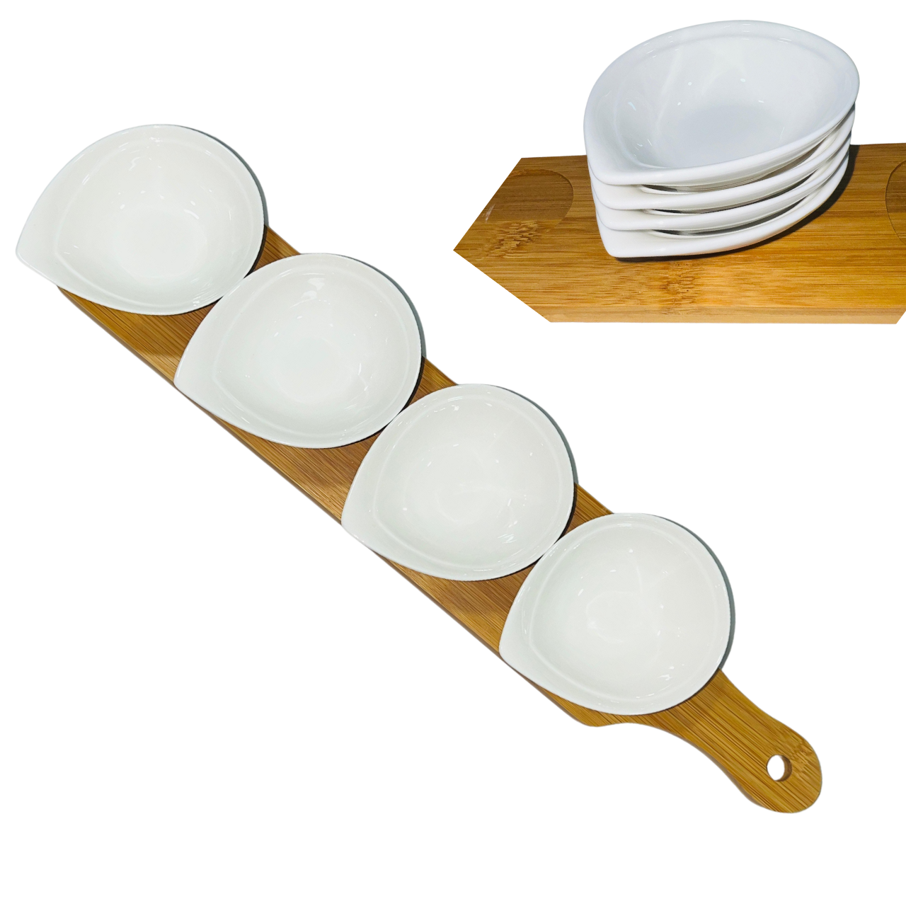 Set Of 4 White Porcelain Sauce Dishes with Bamboo Serving Board Home/Restaurant