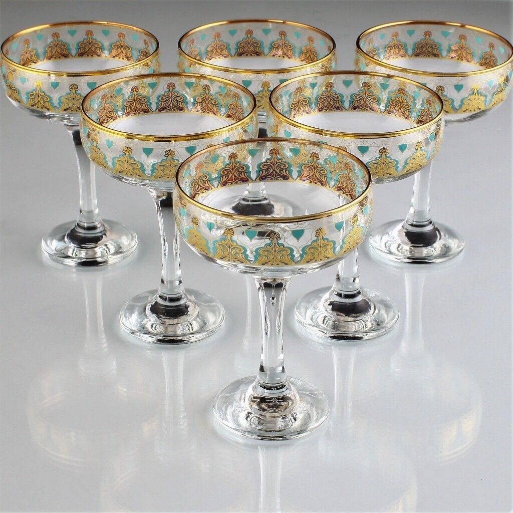 Set of 6 ABKA Antique Turkish Champagne Glasses with Golden Decoration
