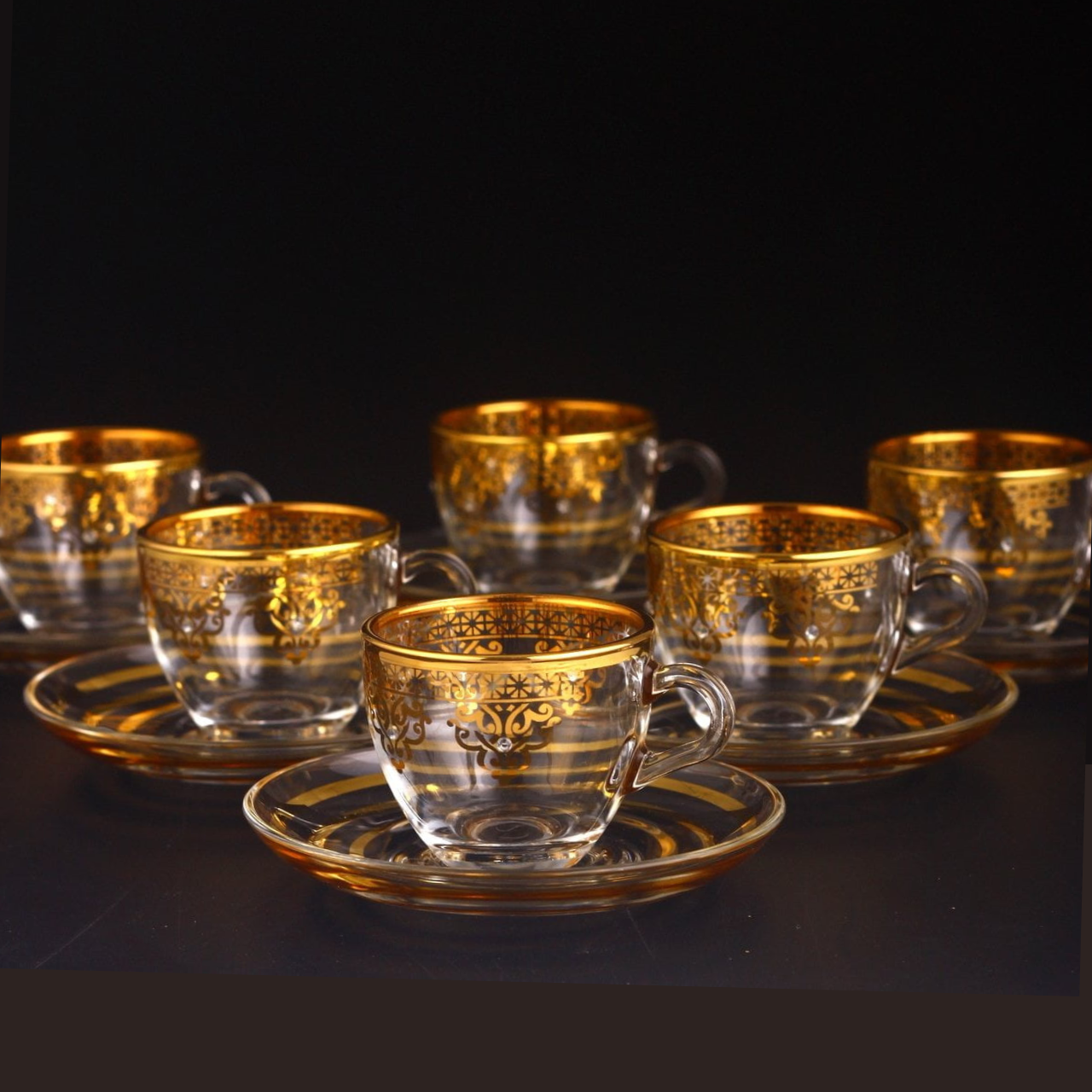 ABKA Gold Plated Turkish Arabic Coffee Mugs-Tea Cups with Saucers For 6 Person