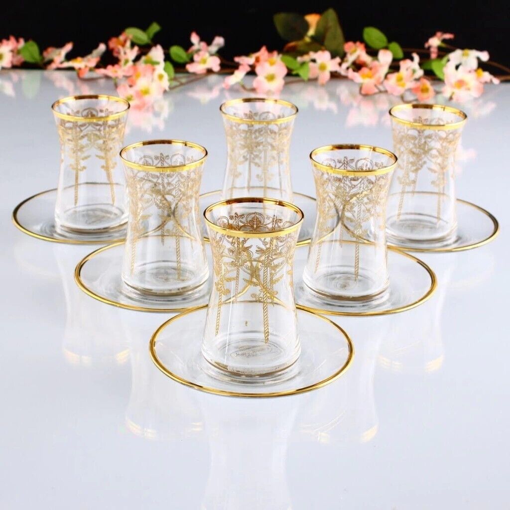 Set of 6 ABKA Akasya Carved Design Turkish Cup & Saucers Set - Gift Box