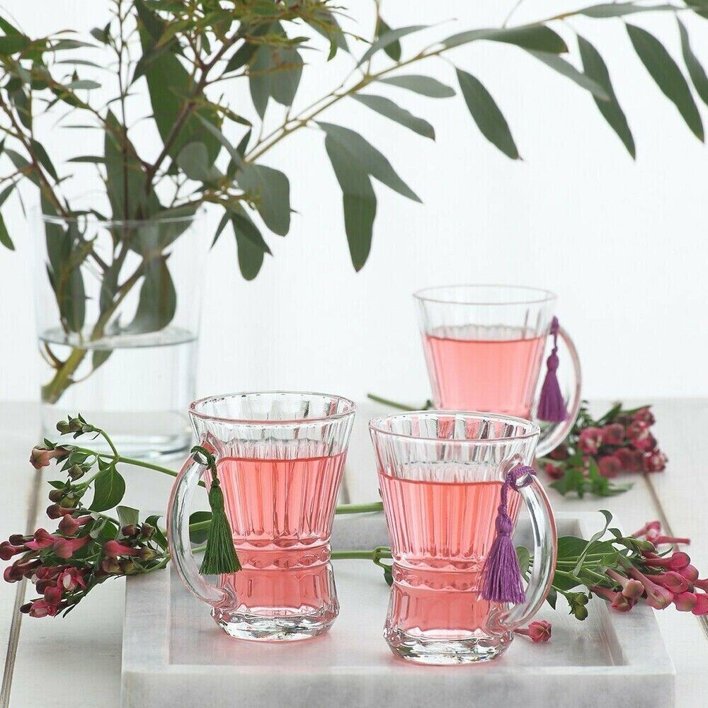 Glass Tea Cups with Handle, Clear Coffee Mugs Set of 6, Vintage Design, 5.25 oz